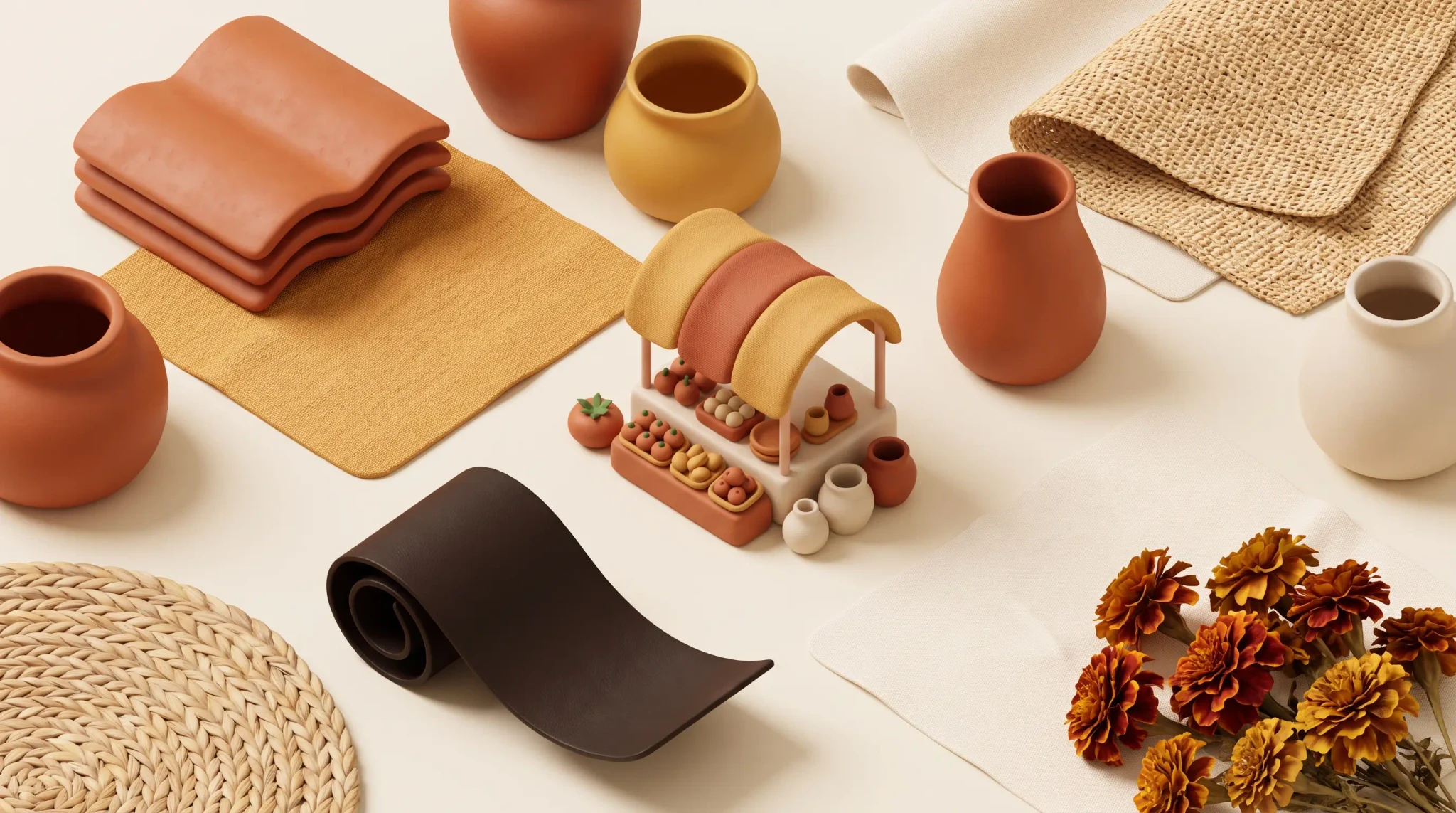 Terracotta mercado goods and a hand-carved miniature market stall, staged as a trust moment